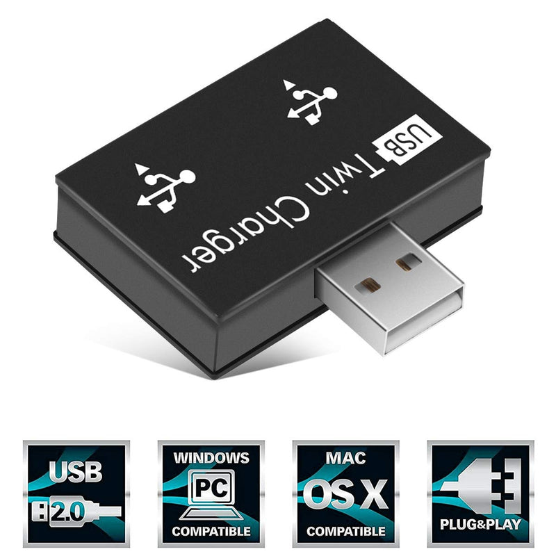[Australia - AusPower] - USB2.0 Hub 2-Port, Portable 2-Port USB Hub USB Twin Adapter Male to Dual USB Female Adapter for Laptops Desktops, Only Use for Charging(Black) Black 