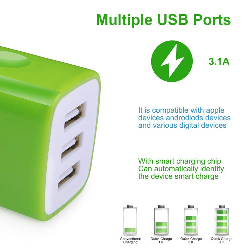 [Australia - AusPower] - Wall Charger Adapter,USB Cubes,Sicodo 3Pack Universal Travel 3.1A 3 Muti Port Plug Charging Block Compatible with iPhone X,8,7,Plus,Tablet,Samsung GalaxyS10,S9,S8 Plus,S7 S6 Edge,HTC,LG,Sony,Nokia 3Pack-Blue Green Rose red 