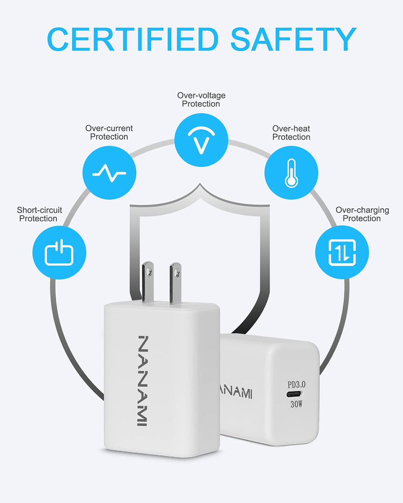 [Australia - AusPower] - USB C Charger - NANAMI 30W Wall Charger PD Fast Charging Compatible for iPhone 13/12 Pro Max/SE 2020,iPad Pro,Type C Power Adapter for Samsung S21, Galaxy Note 20/10/9,13" MacBook Air and more (White) White 
