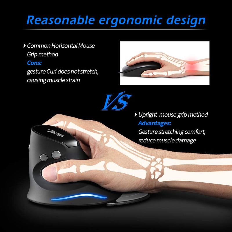 [Australia - AusPower] - Zelotes Vertical Ergonomic Mouse, Wireless Mouse, 2400DPI, 6 Buttons Optical Mouse Cordless Mice for Laptop,Computer,PC,Black 