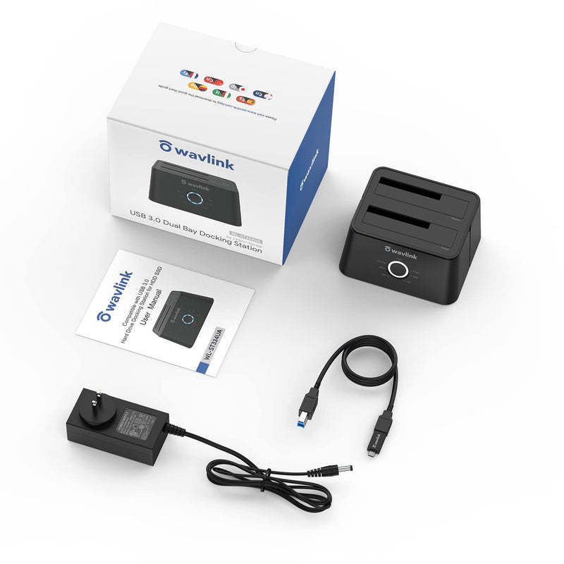 [Australia - AusPower] - Wavlink USB 3.0 to SATA Dual Bay External Hard Drive Docking Station Dock Duplicator for 2.5/3.5 inch HDD/SSD MAX 2x16TB with USB A to USB C Converter and Power Adapter, Support UASP Offline Clone 