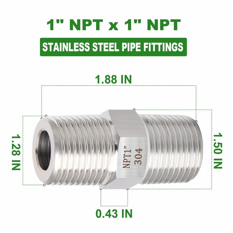 [Australia - AusPower] - TAISHER 2PCS 304 Stainless Steel Hex Nipple, Pipe Fitting 1-Inch Male Pipe x 1-Inch Male Pipe 1" NPT x 1" NPT 2 