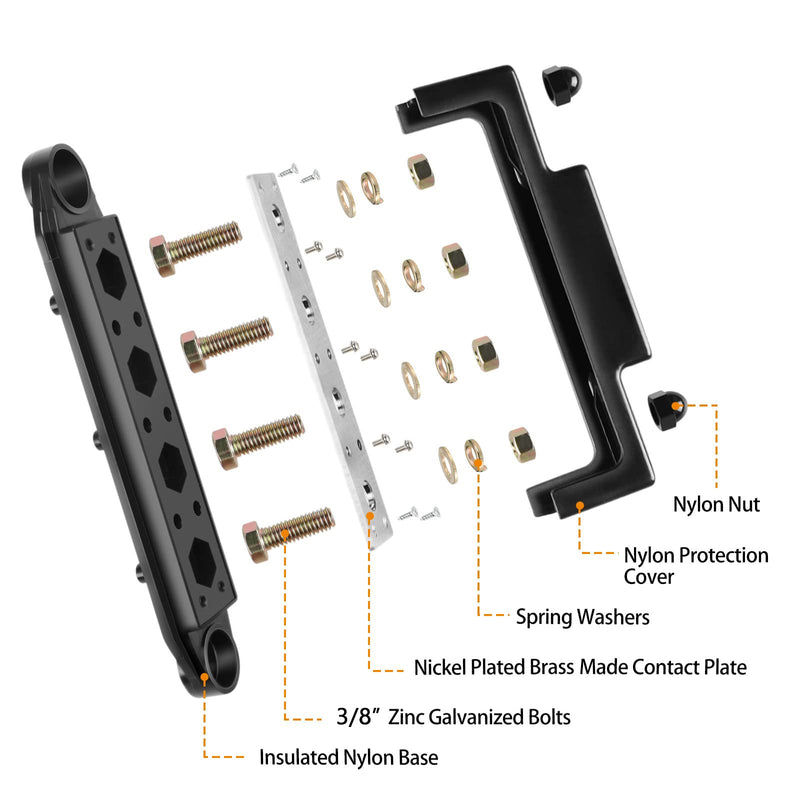 [Australia - AusPower] - Mofeez Power Distribution Block Bus Bar, 4 x 3/8" Posts, 6 x #8 Screws Terminals, Max 48V 250A (Pair, Red & Black) 