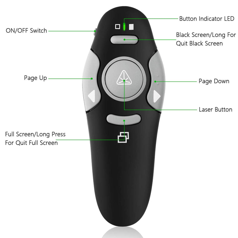 [Australia - AusPower] - Presentation Clicker Remote Laser Pointer - Wireless USB Presenter - Slideshow PowerPoint Clicker - Compatible with Win10︱MAC - Support PPT︱Keynote︱Google Slides (K100B) 