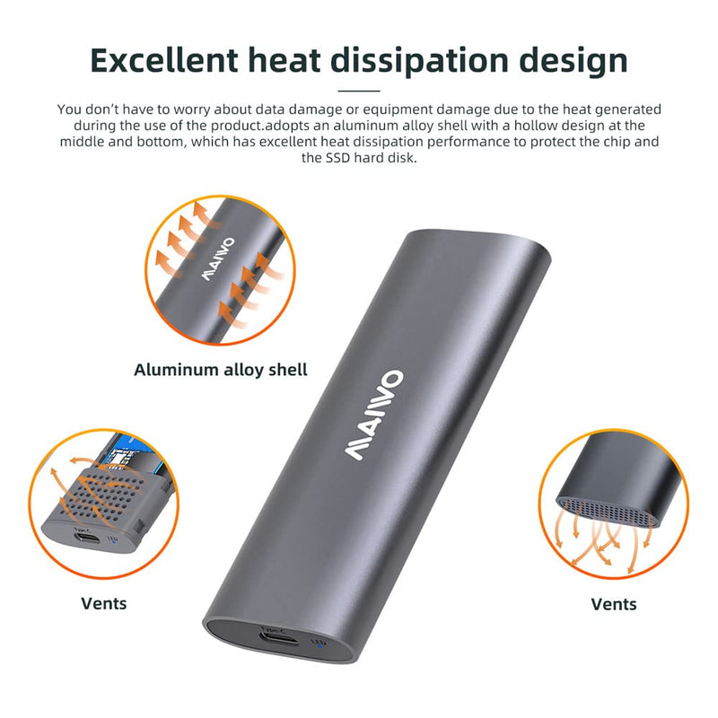 [Australia - AusPower] - MAIWO M.2 SSD Enclosure Adapter,USB C to M.2 NVME/SATA,MAX 10Gbps,Support 2TB Storage Expansion,Support M or B&M Keys,Aluminum Alloy,Tool Free,Automatic Sleep (FIts 2230/2240/2260/2280) 