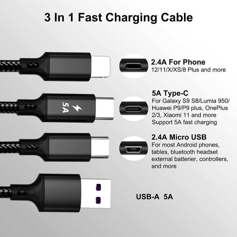 [Australia - AusPower] - Multi Charging Cable, 5A Fast Charging Cable Adapter with Type-C, Micro USB Port Connectors, Nylon Braided Universal 3.3FT/3Pack 3 in 1 Quick Charging Cord, Compatible with Cell Phones and More(Black) Black 