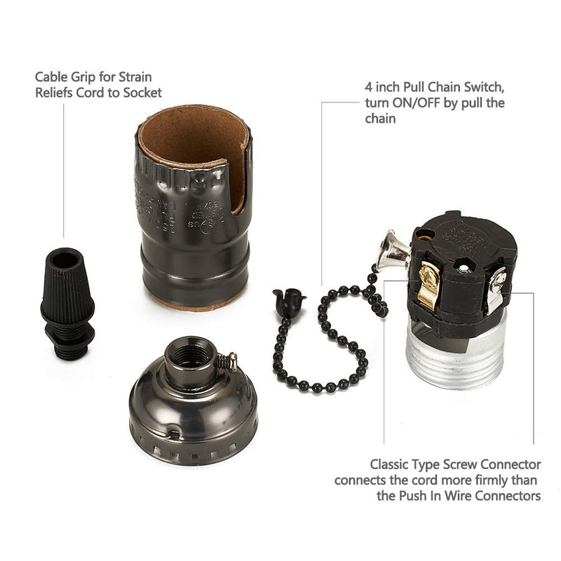[Australia - AusPower] - Onite Vintage Lamp Socket, 2 PCS UL Listed E26 Type 1/8 inch Pipe Thread US-Standard Screw Basic Metal Lamp Socket with Pull Chain Switch (Black) Black 