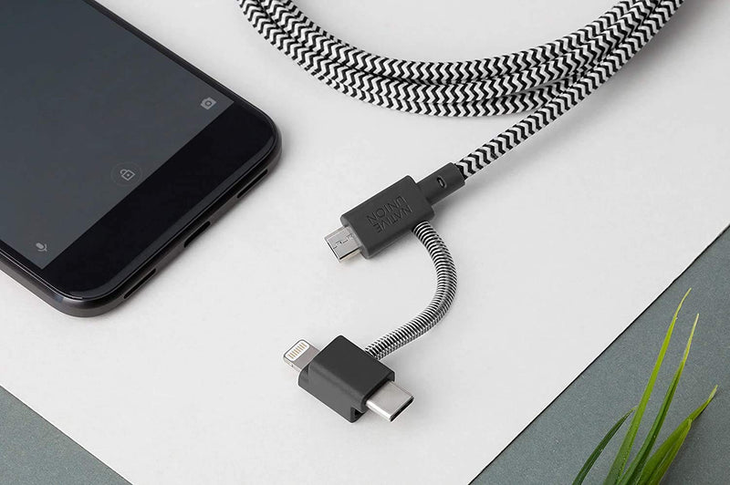 [Australia - AusPower] - Native Union Belt Cable Universal - 6.5ft Ultra-Strong Reinforced [MFi Certified] Durable Charging Cable with 3-in-1 Adaptor for Lightning, USB-C and Micro-USB Devices (Zebra) Zebra 