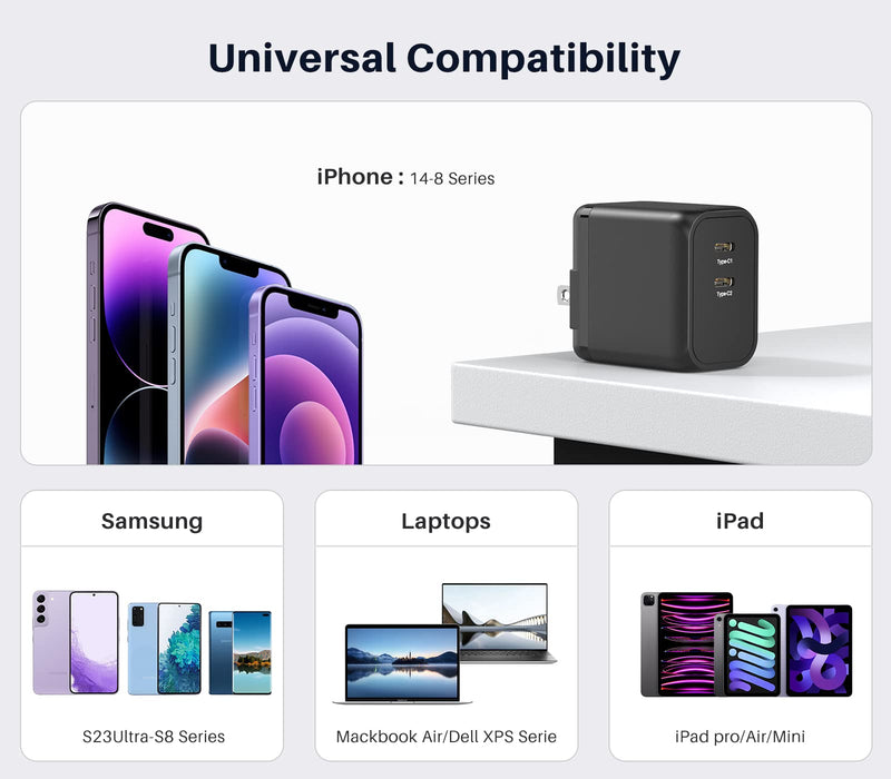 [Australia - AusPower] - 45W USB C Charger, K&ZZ Dual USB-C GaN Charger Foldable PD Super Fast Charger Block Compact Type C Wall Charger for Galaxy S23 Ultra/ S22/ Note, MacBook, Steam Deck, iPad, iPhone 14 (45W, Black) 