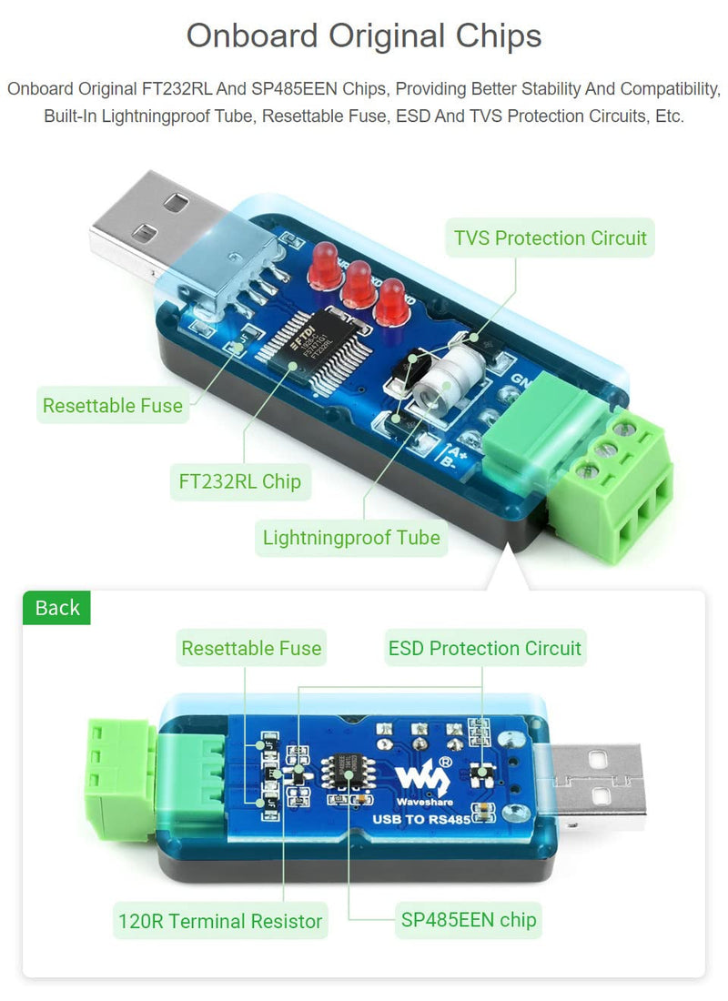 [Australia - AusPower] - Waveshare Industrial USB to RS485 Converter with Original FT232RL and SP485EEN Embedded Protection Circuits for Industrial Control Equipments and/or Applications with High Communication Requirement 