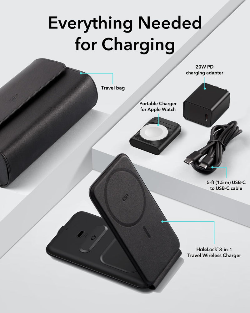 [Australia - AusPower] - ESR Magsafe 3 in 1 Charger (HaloLock), Travel Magsafe Charger Stand, Made for Apple Watch Certified, Foldable Magsafe Charging Station for iPhone 14/13/12, AirPods Pro/3/2, Adjustable 2-Way, Black 
