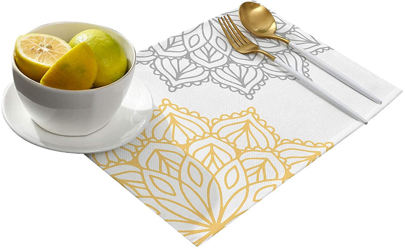 [Australia - AusPower] - Elegant Dahlia Flowers Yellow Grey Placemats Set of 6, Cotton Linen Heat Resistant Table Mats Non-Slip Washable Placemat for Holiday Banquet Dining Kitchen Table Decor Floral-095ase6657 