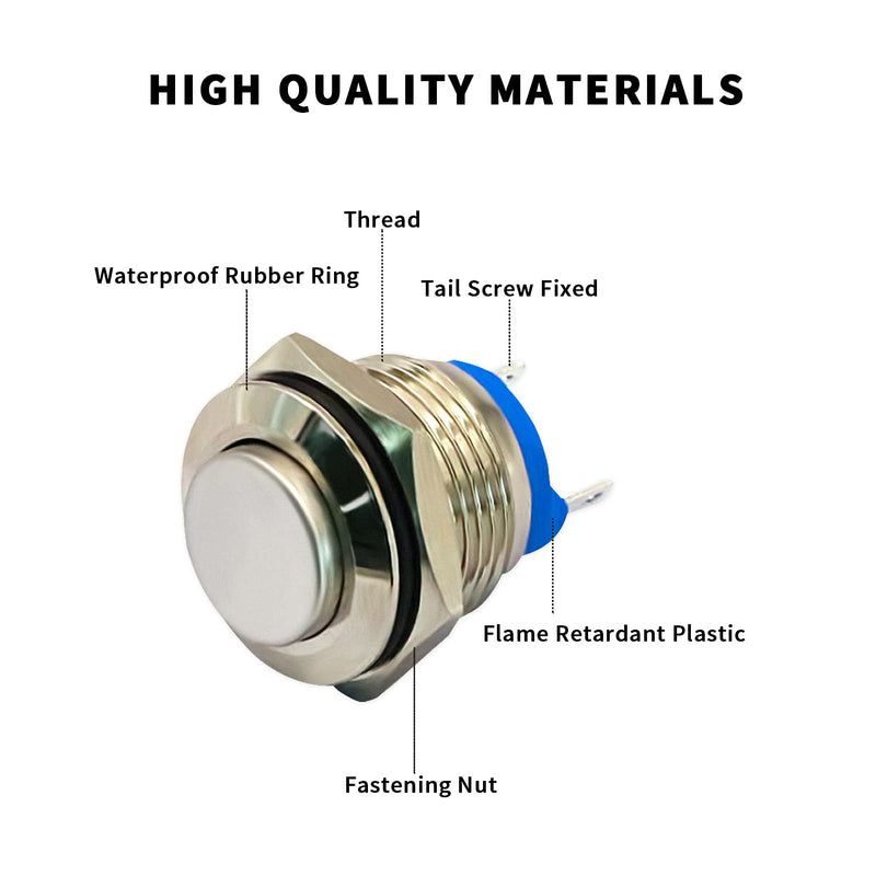 [Australia - AusPower] - CenryKay 16mm High Round Cap Waterproof Momentary Stainless Steel Metal Push Button Switch High Flush Screw Terminals 2A 36V(10PCS) 