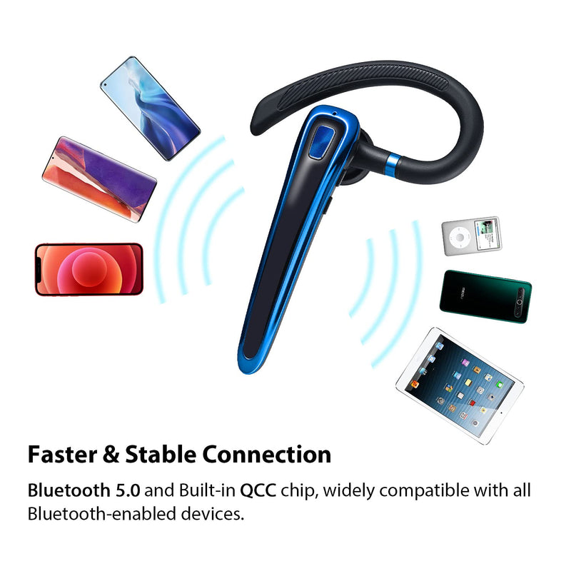 [Australia - AusPower] - Bluetooth Headset,LEKOYE V5.0 Bluetooth Earpiece with Noise Cancelling Mic and 15 Hours Playtime,in-Ear Hands-Free Calls Wireless Headset for iPhone Samsung Android Cell Phones Truck Driver-BU Blue 