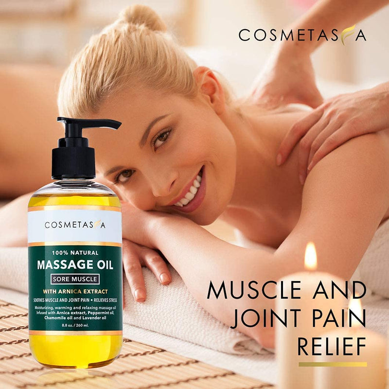 [Australia - AusPower] - Cosmetasa Sore Muscle Massage Oil with Deep Tissue Massager - Thumb Saver and Oil Soothes Muscle and Joint Pain with Arnica Extract, Peppermint, Chamomile, and Lavender Oil 8.8 Fl Oz 