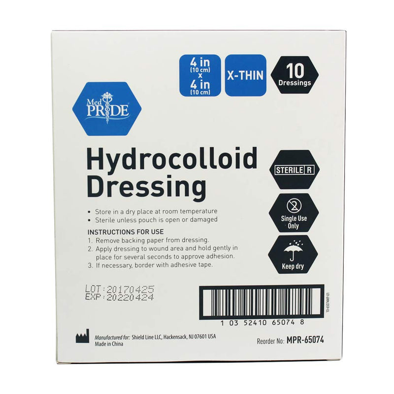 [Australia - AusPower] - Med PRIDE Hydrocolloid Wound Dressing Pads| 10-Pack, 4inch by 4inch Sterile Adhesive Patches| Individually Packed, Highly Absorbent, Water-Resistant & Comfortable| Stays On for Multiple Days 4'' x 4'' X-Thin 