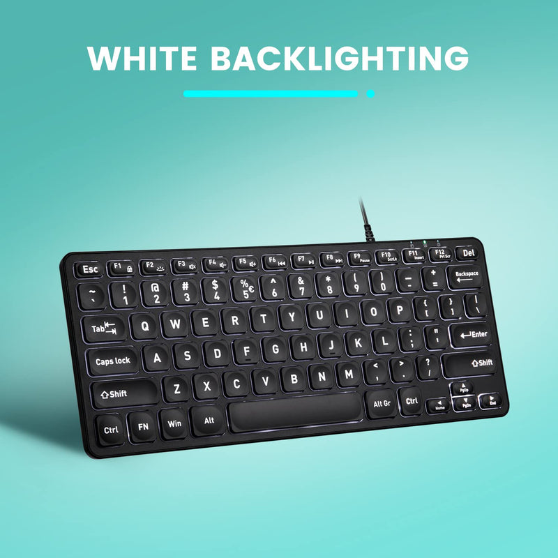 [Australia - AusPower] - Perixx PERIBOARD-332 Wired Backlit USB Keyboard - Mini 11.22x4.57x0.83 Inches - Slim Scissor Keys with Big Font - White Illuminated LED - US English 
