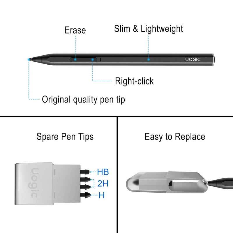 [Australia - AusPower] - Uogic Stylus Pen for Surface, Bluetooth Remote Control and Shortcuts, 4096 Levels of Pressure Sensitivity, Magnetic Attachment, Compatible with New Surface Pro 8 & Pro 7/Laptop Studio/Go 3/Duo 2 Black 