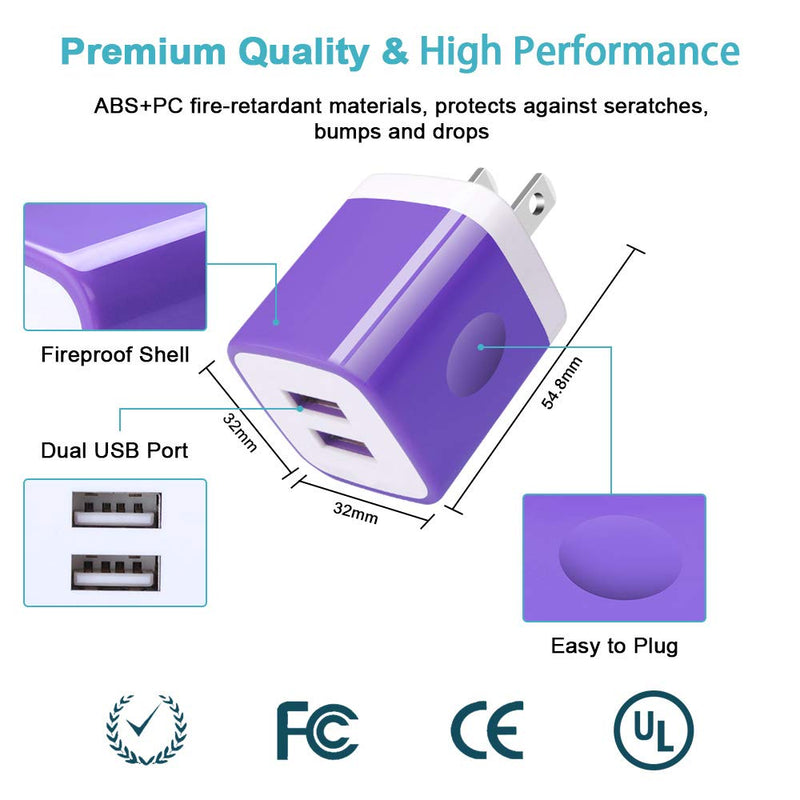 [Australia - AusPower] - Android Charger Cable, 2-Pack 2.1A Dual Port USB Adapter Power Plug with 6FT Fast Charging Micro USB Cable Android Phone Charger for Samsung Galaxy S7 S6 S5 J7V J7 J8 Note 5, LG K50S K50 K40S K40 Purple 