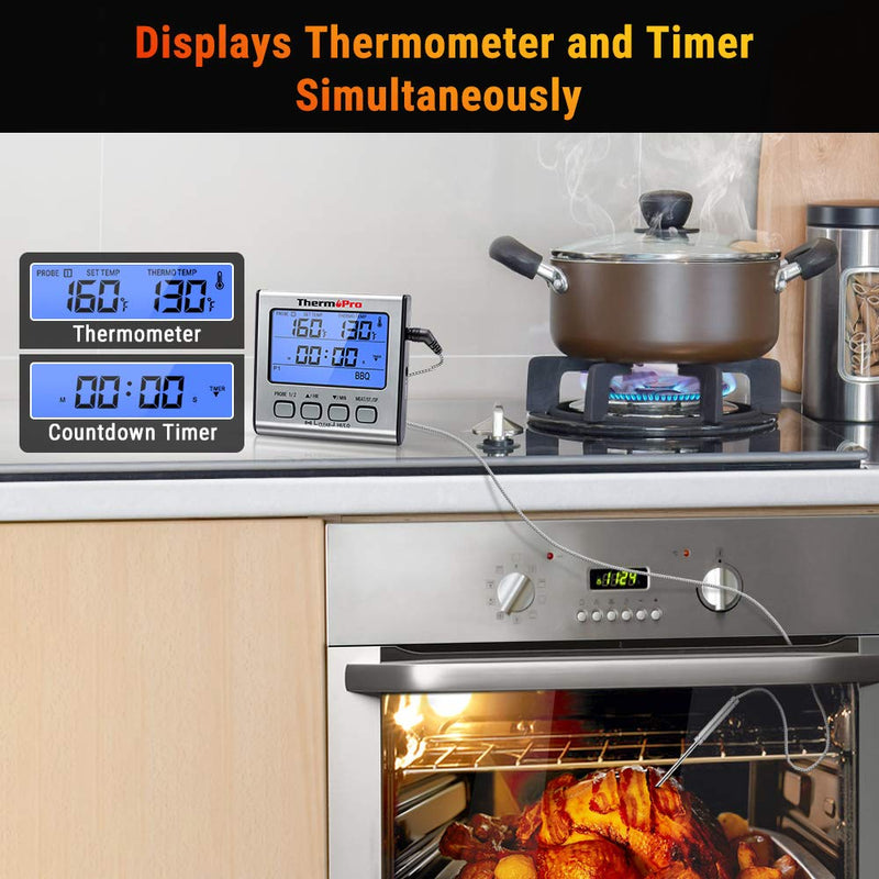 [Australia - AusPower] - ThermoPro TP-17 Dual Probe Digital Cooking Meat Thermometer Large LCD Backlight Food Grill Thermometer with Timer Mode for Smoker Kitchen Oven BBQ, Silver Light Silver 