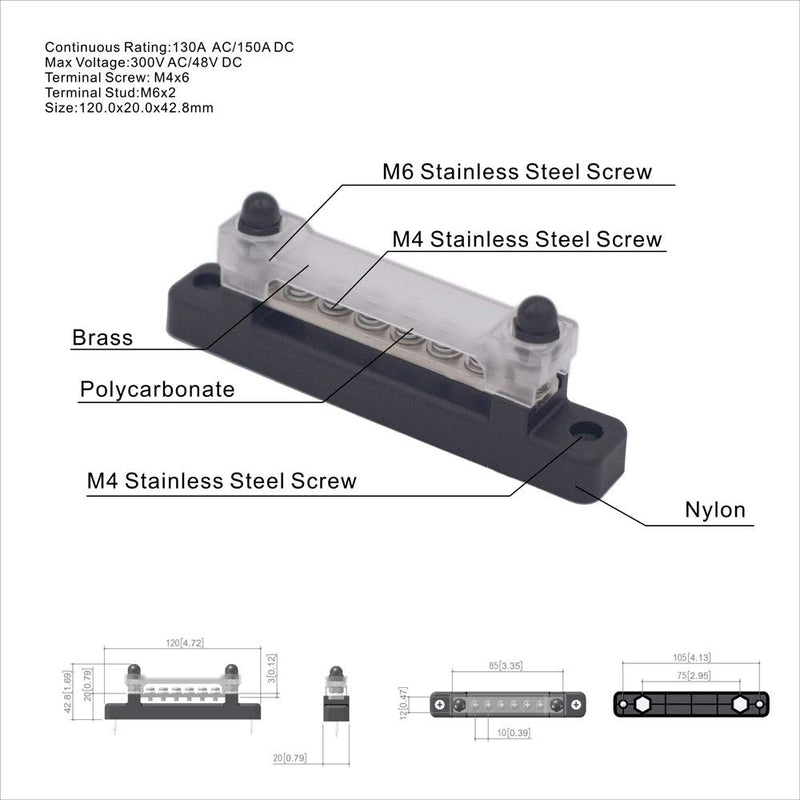 [Australia - AusPower] - 6 Terminal Bus Bar - 150A BusBar Block with Cover, Ground Distribution, Power Distribution Terminal Block w/ 6 M4 Screws + 2 Studs, for Car Boat Marine Caravan RV (New) 6 Terminal 