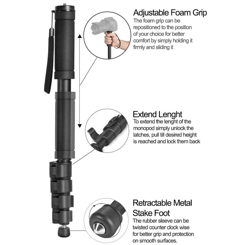 [Australia - AusPower] - Acuvar 62' Inch Monopod with Integrated Safety Strap and 4 Section Extending Pole for All Digital Cameras, DSLR, Mirrorless, Compact Cameras, Camcorders & Cell Phones 