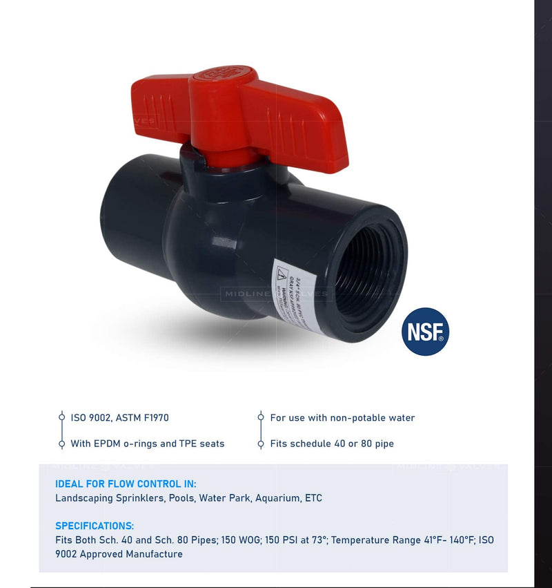 [Australia - AusPower] - Midline Valve PVC Ball Valve with Pink T-Handle for Potable Water Use 1-1/2'' FIP Grey Plastic (492U112) 1-1/2 in. 