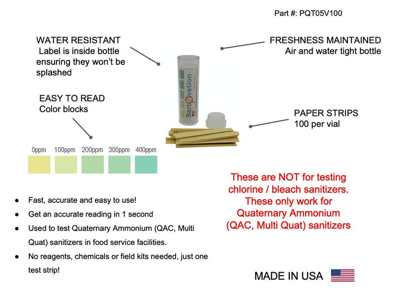 [Australia - AusPower] - Five Pack Restaurant Quaternary Ammonium (QAC, Multi Quat) Sanitizer Test Paper, 0-500 ppm [5 Vials of 100 Paper Strips] 
