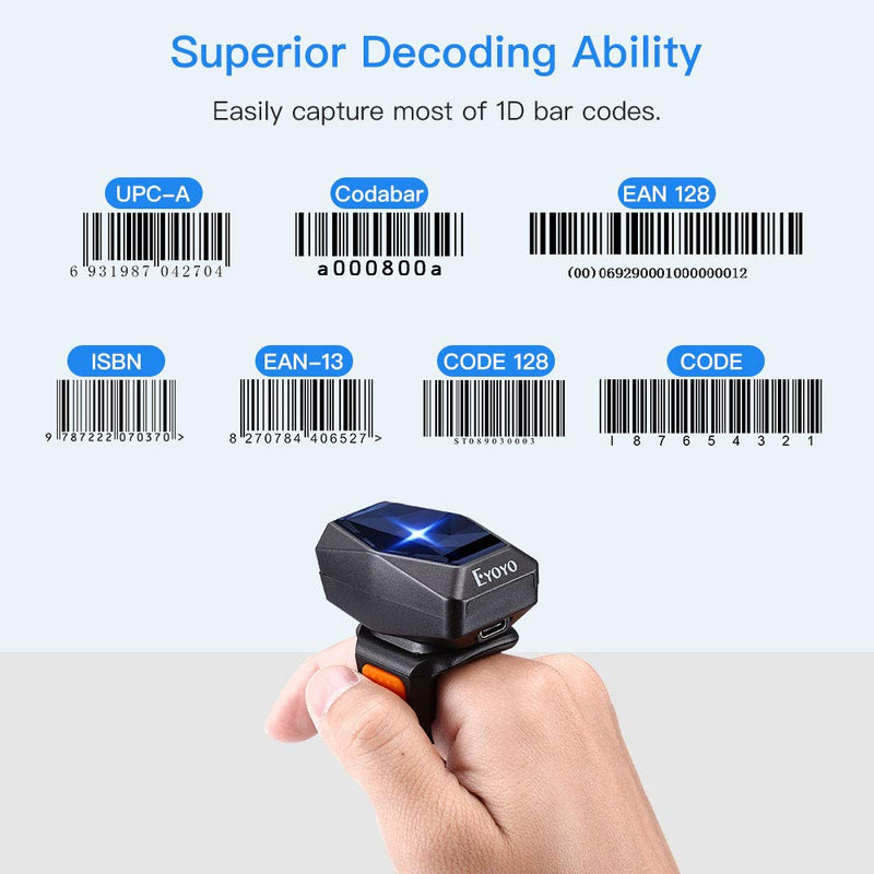 [Australia - AusPower] - Eyoyo 1D Bluetooth Wearable Ring Barcode Scanner, Portable Mini Finger Bar Code Reader with 2.4GHz Wireless & USB Wired Connection for iPhone iPad Android iOS, for Book, Warehouse Inventory, Express 