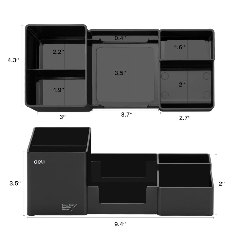 [Australia - AusPower] - Deli Desk Organizer, Plastic Desktop Organizer with Pencil Holder and Sticky Note Tray, Office Stationery Supplies Organizers Accessories Caddy, 6 Compartments, Black 