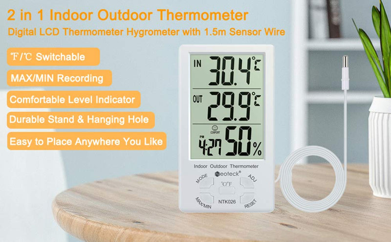 [Australia - AusPower] - Neoteck 3 in 1 Thermometer Hygrometer with Clock Large LCD Display, Digital Humidity Temperature Meter 1.5m Sensor Wire for Indoor Outdoor Use 4.9ft 