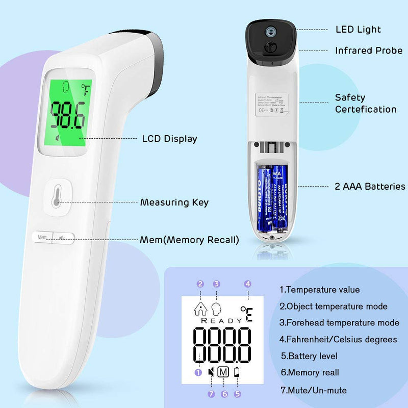 [Australia - AusPower] - Forehead Thermometer for Adults,No Touch for Fever, Baby Kids Child with Batteries, Fever Alarm, 35 Groups Data Storage 