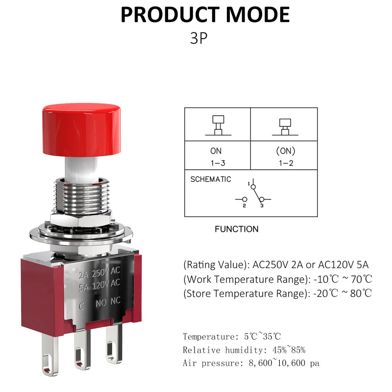 [Australia - AusPower] - DIYhz AC 2A/250V 5A/120V 3 Pin Momentary Push Button Switch NO NC with Red Cap 5Pcs 3P 