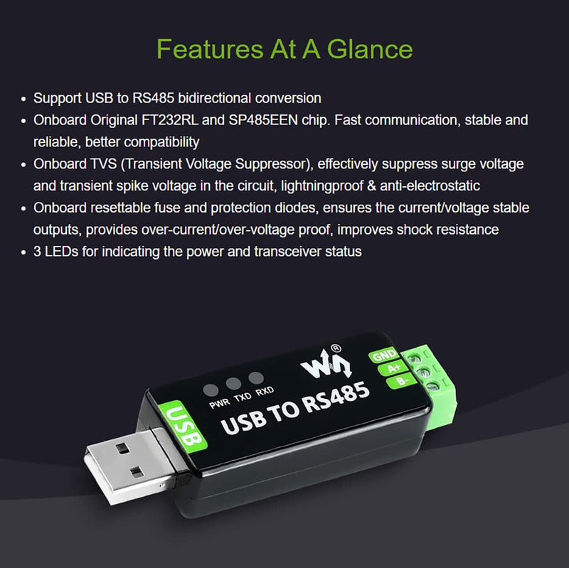 [Australia - AusPower] - Waveshare Industrial USB to RS485 Converter with Original FT232RL and SP485EEN Embedded Protection Circuits for Industrial Control Equipments and/or Applications with High Communication Requirement 
