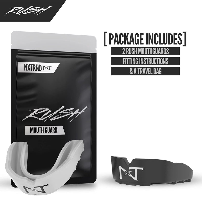 [Australia - AusPower] - 2 Pack Nxtrnd Rush Mouth Guard Sports, Professional Mouthguards for Boxing, Jiu Jitsu, MMA, Wrestling, Football, Lacrosse, and All Sports, Fits Adults, Youth, and Kids 11+ (B&W) Black & White 