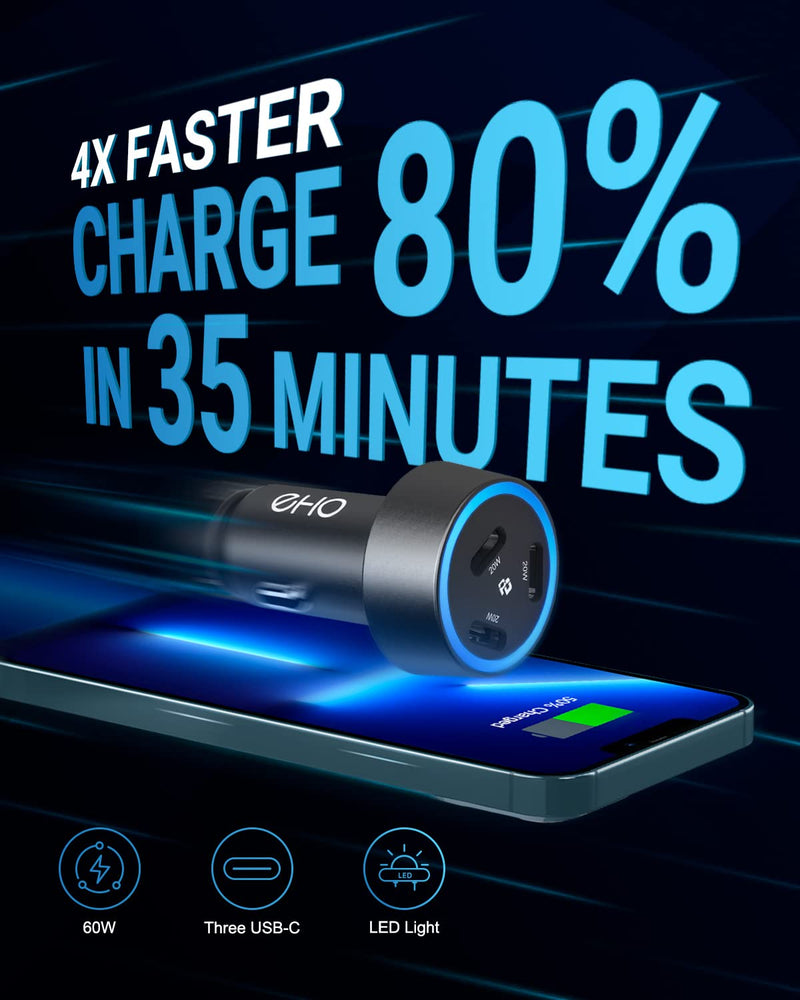[Australia - AusPower] - USB C Car Charger, EHO 60W 3-Port (20W Each) Mini Fast Charging PD 3.0 Port Type C Rapid Metal Car Charger Cigarette Lighter Adapter Compatible with iPhone13/12, iPad Mini/Air/Pro, Galaxy S21/S20/S10 Black 