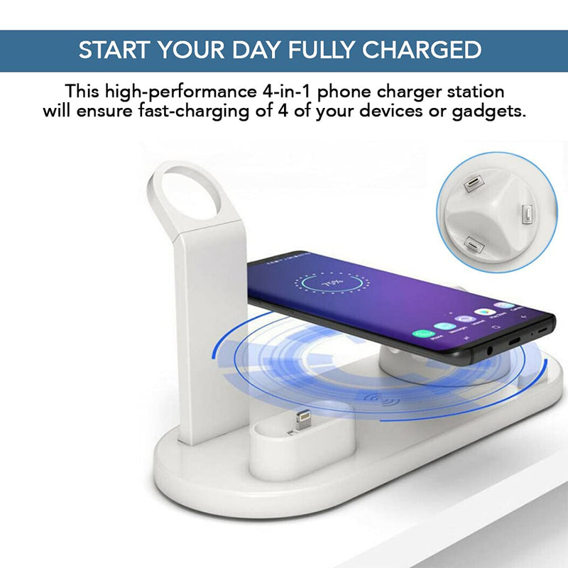 [Australia - AusPower] - Charging Dock Stations - 4-in-1 Wireless Charging Pad, Charging Pad for Multiple Devices Apple Watch, iPhone, Airpods, Samsung Galaxy S20, and other Qi-enabled Devices, Rotating Plug Charge Pad, White 