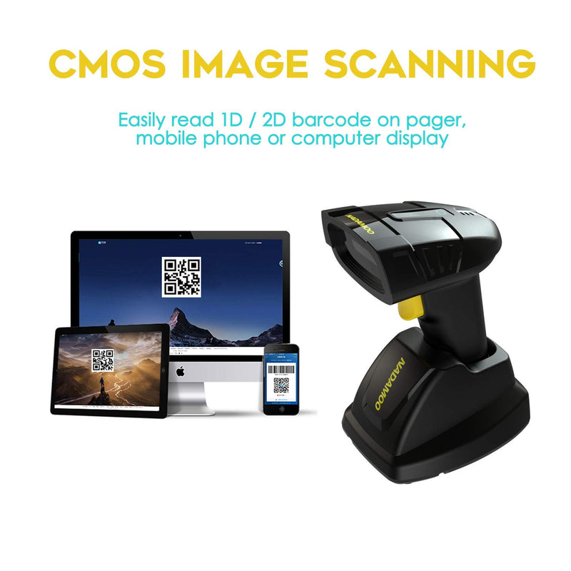 [Australia - AusPower] - NADAMOO Wireless Barcode Scanner with Charging Cradle, Read 1D, 2D, QR Code, Data Matrix, PDF417, 400m Transmission Distance, 2200mAh Rechargeable Battery, Cordless CMOS Image Reader for Computer 