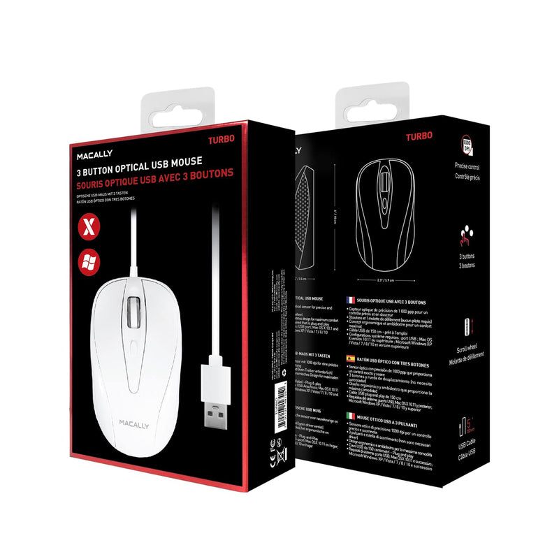 [Australia - AusPower] - Macally USB Wired Mouse with 3 Button, Scroll Wheel, & 5 Foot Long Cord, USB Mouse for Laptop and Desktop, Computer Mouse Compatible with Apple Macbook Pro / Air, iMac, Mac Mini, & Windows PC (TURBO) 