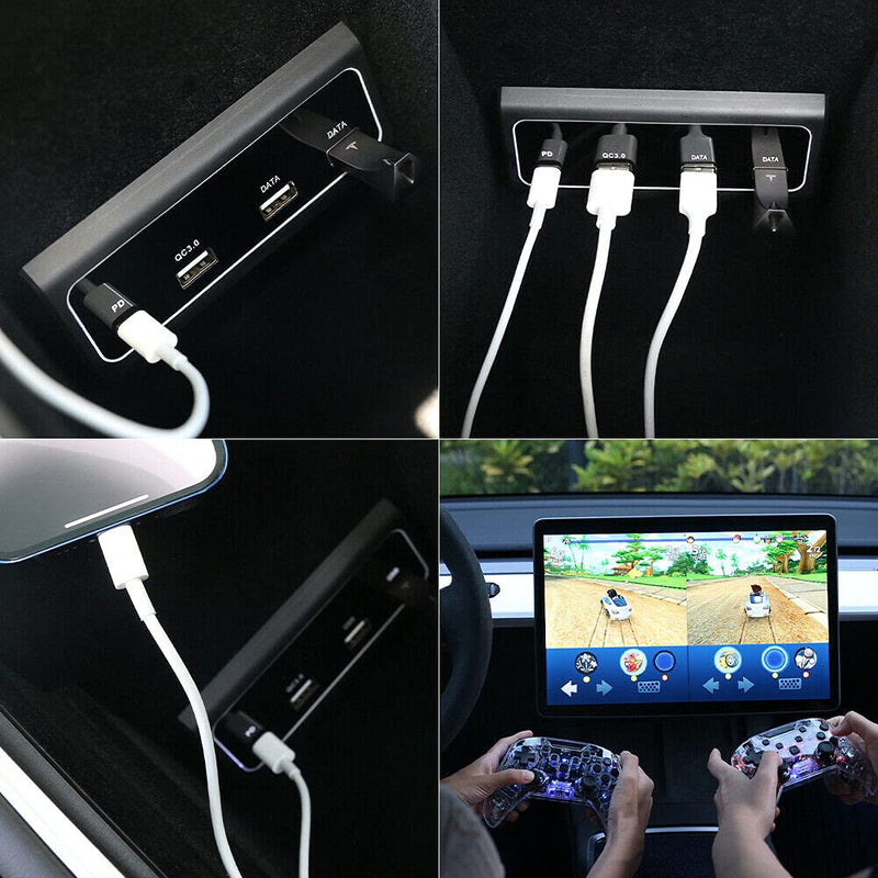 [Australia - AusPower] - 4-in-1 Tesla Model 3/Y USB Hub 2021, Console PD Fast Charger Adapter USB Spiliter, Suitable for Refreshed 2021 Model 3 Model Y Dual Type-C Ports, A Vital Model 3/Y Accessories 