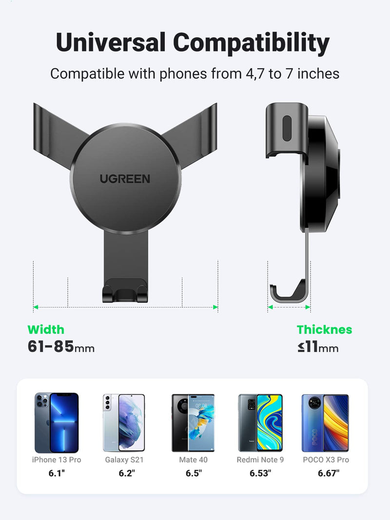 [Australia - AusPower] - UGREEN Car Air Vent Mount Cell Phone Holder Gravity Compatible for iPhone 13 12 11 Pro Max SE XR XS X 8 7 Plus Samsung Galaxy S20 S10 S9 S8 Google Pixel 4 3 XL LG G8 Smartphone(Black) Black 