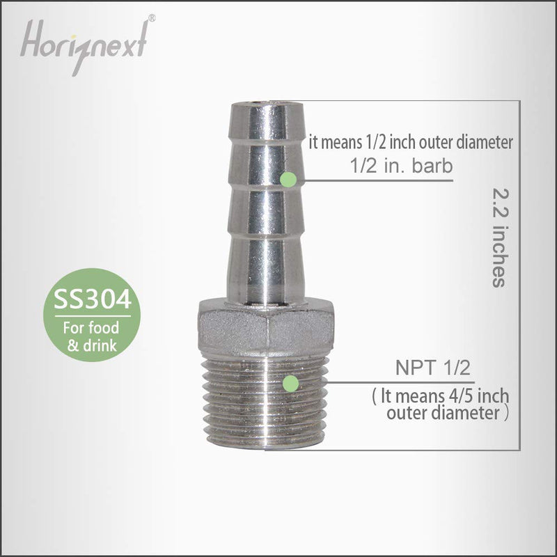 [Australia - AusPower] - Horiznext 304 Stainless Steel 1/2" Barb Hose to 1/2 NPT Home Brew Pipe Barbed Nipple Fitting. Pack of 4 