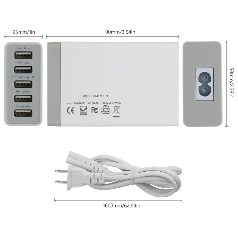 [Australia - AusPower] - 5 Port USB Wall Charger Hub, 40W 8A, Desktop USB Charging Station for Multiple Devices, Multi Ports USB Charger for Phones, Tablets and More 