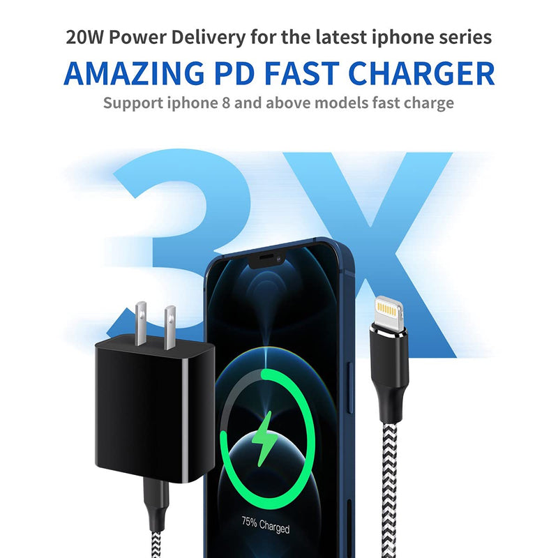 [Australia - AusPower] - 20W iPhone 12 Charger, USB C Charger Travel Plug with 6.6FT Fast Charger Sync Cord MFi Certified for iPhone 12 Pro Max/11/XS/XR/X/8/iPad/AirPods, Black Black-Black 2 Pack 