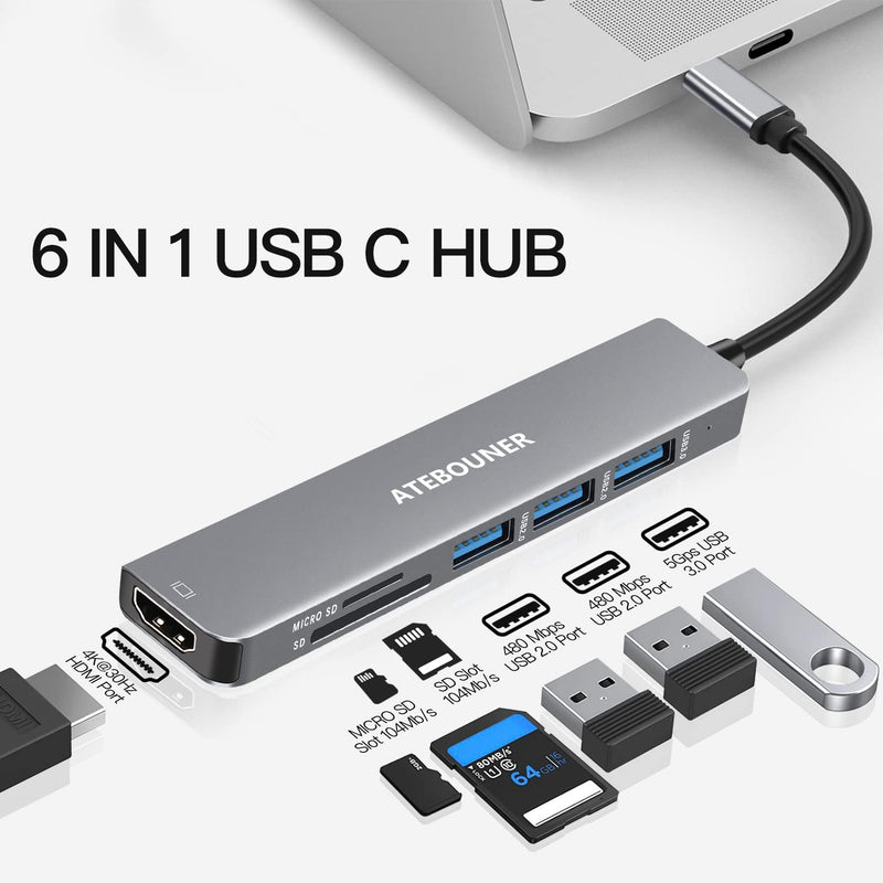 [Australia - AusPower] - ATEBOUNER USB C to HDMI, USB C Hub, 6-in-1 USB C Dongle Multiport Adapter with 4K HDMI, 1 USB 3.0/2 USB 2.0 and Micro SD/SD Card Reader, for MacBook Air,MacBook Pro, XPS, and More 
