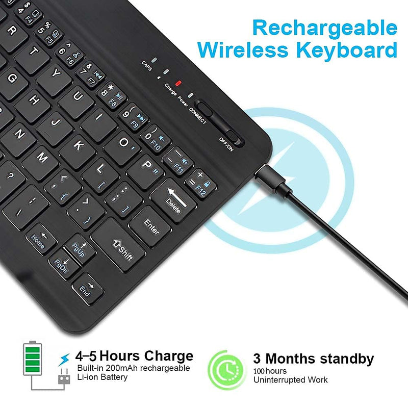 [Australia - AusPower] - Bluetooth Keyboard, 7inch Ultra-Slim Wireless Tablet Keyboard Rechargeable Mini Keyboard Compatible with iPad Smartphone and More Bluetooth Enabled Devices(Black) Black 