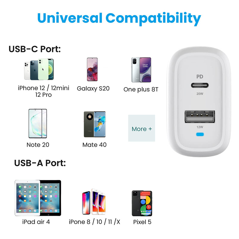 [Australia - AusPower] - PowerLot PD 20W USB C Charger for iPhone 12/12 Pro/ 12 Pro max, 12W USB Charger for iPad/iPad Pro, 32W Dual Port Power Adapter, GaN Wall Charger with Foldable Plug for iPhone 13/ Pixel/Galaxy etc 