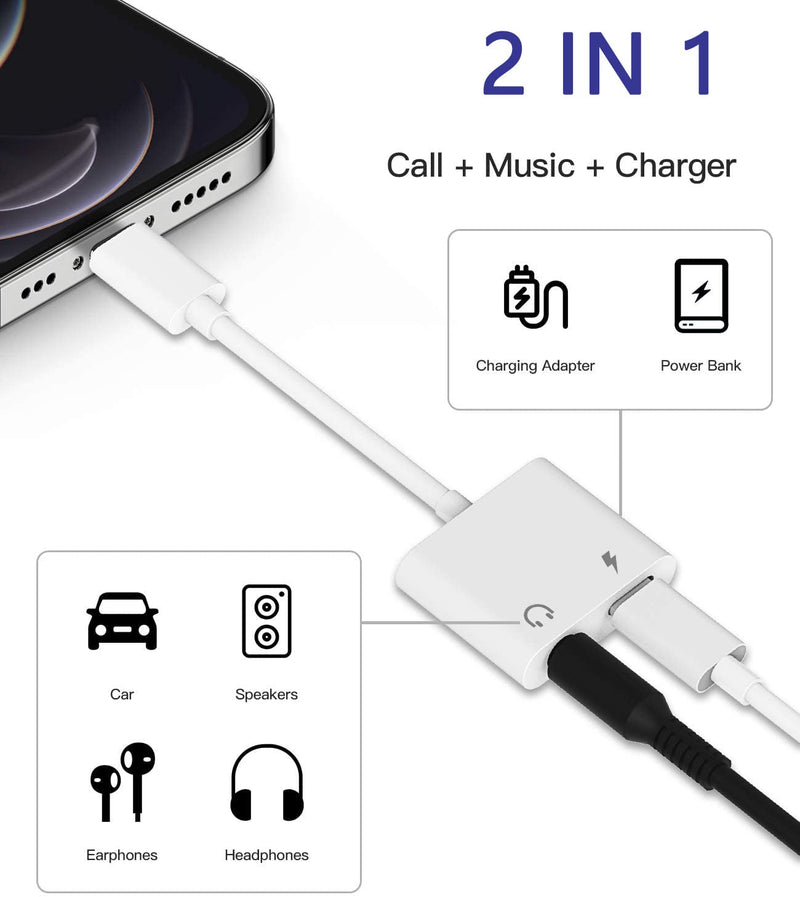 [Australia - AusPower] - [Apple MFi Certified] Lightning to 3.5mm Headphones Jack Adapter for iPhone,2 in 1 iPhone Headphones Adapter Aux Audio & Cable Splitter for iPhone13/12/11/XS/XR/X/8/7 iPad, Support All iOS System White-01 