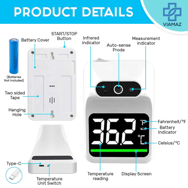 [Australia - AusPower] - Wall Mounted Thermometer - Contactless Thermometer for Adults Forehead - Infrared Forehead/Body Temperature Scanner/with Fever Alarm/LCD Display/Accurate Instant Reading(Battery NOT Included) 