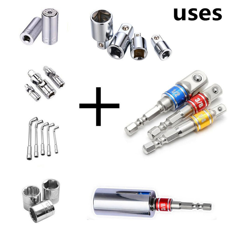 [Australia - AusPower] - Impact Grade Socket Adapter/Extension Set Turns Power Drill Into High Speed Nut Driver,1/4-Inch Hex Shank to Drive for Adapters to Use with Drill Chucks, Sizes 1/4" 3/8" 1/2", Cr-V, 3-Piece 
